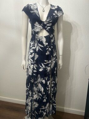 Staccato Navy Blue & White Floral Cutout Maxi Dress Double Leg Slit
